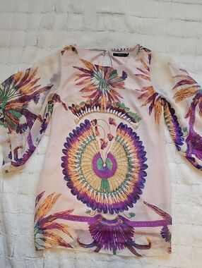 Ark & Co Pink Floral-Peacock Print Sheer Tunic